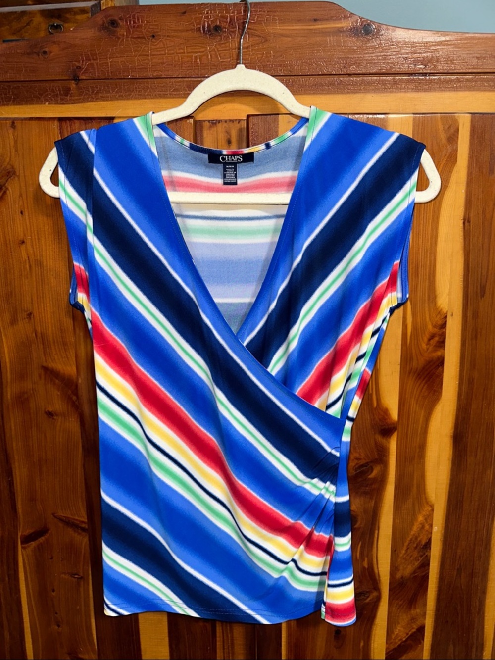 Chaps Blue Multi-Stripe Faux-Wrap Sleeveless Top